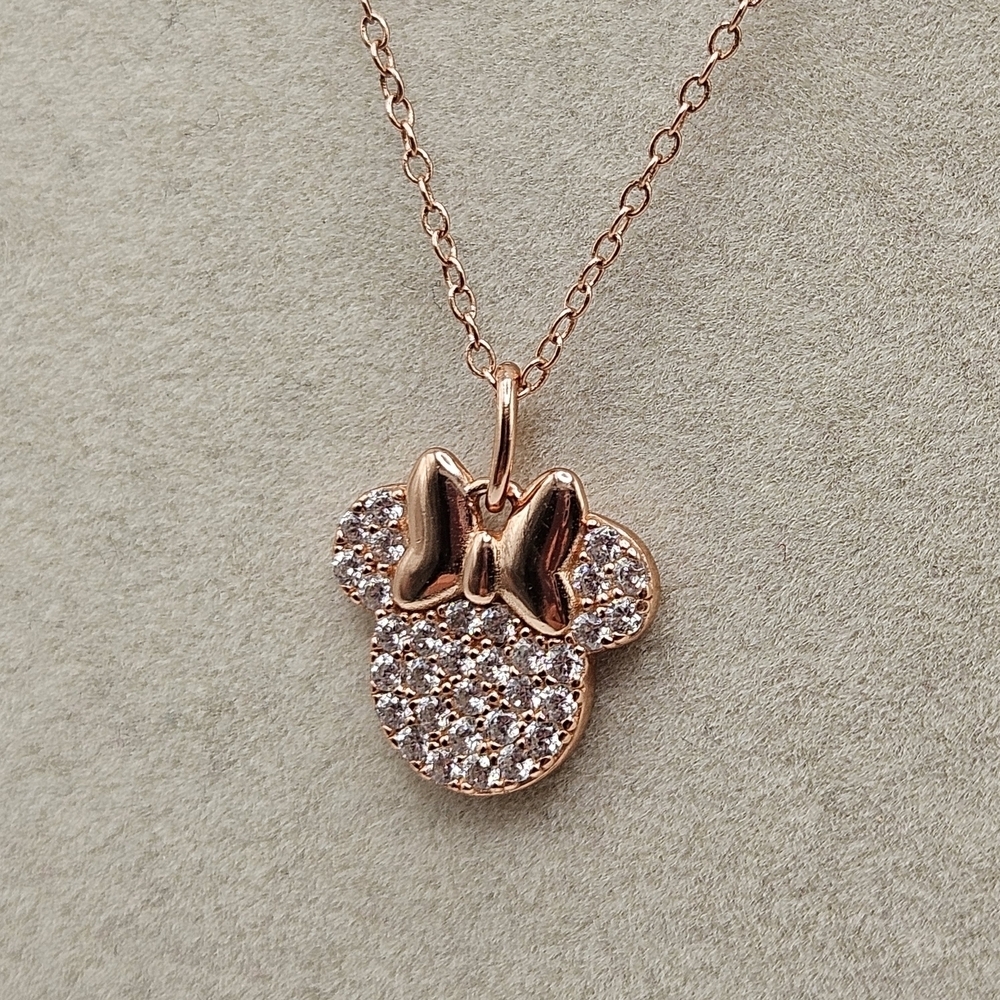 Disney Dainty Minnie Mouse Rose Gold Plated Sterling Silver CZ Pendant Necklace